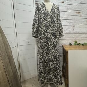 Oscar De La Renta Kaftan Dress Robe Long Lounger Front Zip Medium Black Ivory